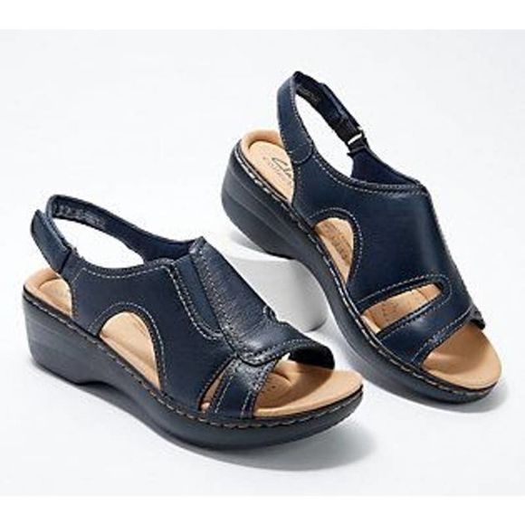 Clarks Shoes - Clarks Merliah Collection women's sling-back Leather Wedge Sandals blue